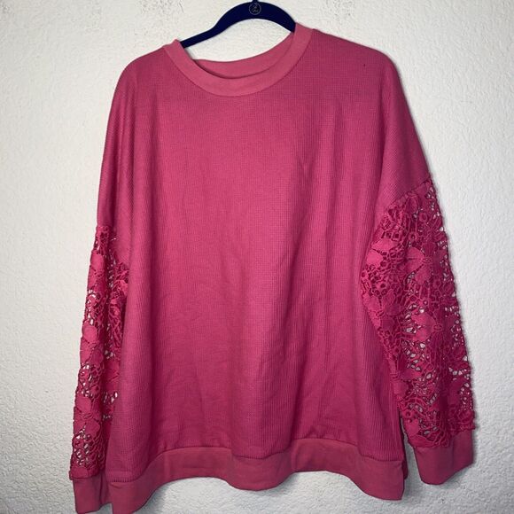 pink oversize Thermal open Crochet Arms Sweater gypsy hippie 2XL NWOT boho - Picture 1 of 6